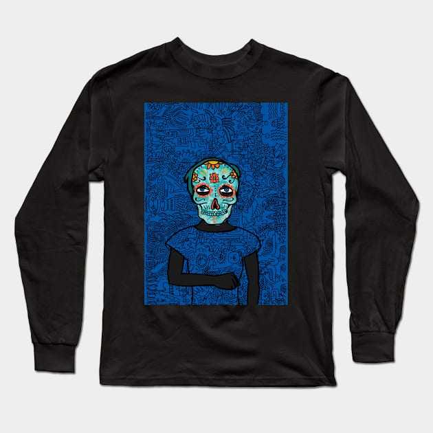100: Vibrant Blue-Eyed Female Mexican Mask NFT with a Planetary Glyph Background Long Sleeve T-Shirt by Hashed Art